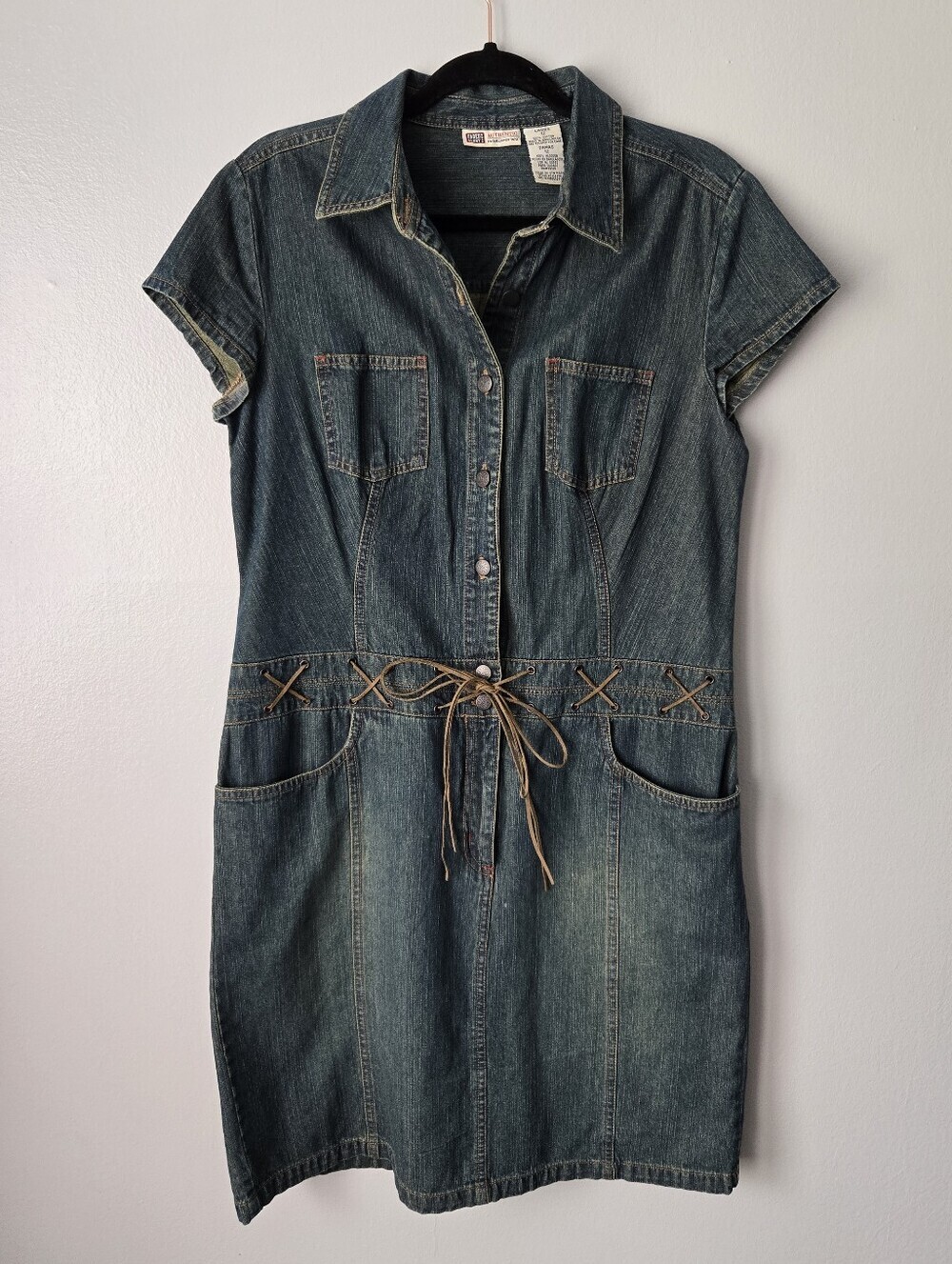 Faded Glory Denim Dress Cap Sleeve Button Up Lace Up Cord Utility Size 12